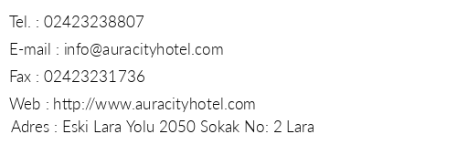 Aura City Hotel telefon numaralar, faks, e-mail, posta adresi ve iletiim bilgileri